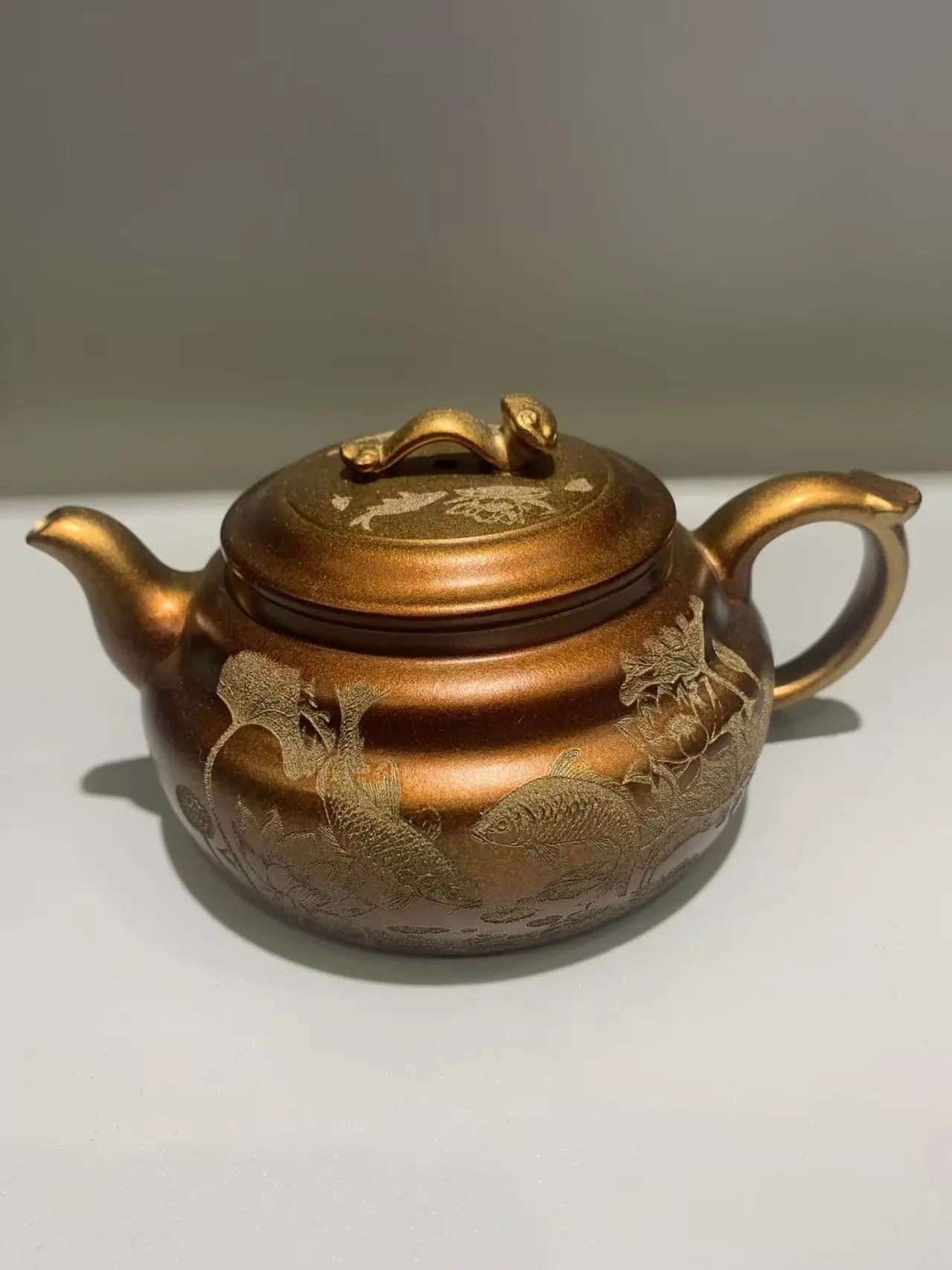 Old Chinese Handicraft Enameled YiXing Zisha (red stoneware) Teapot,louts&fish, #02,Free shipping