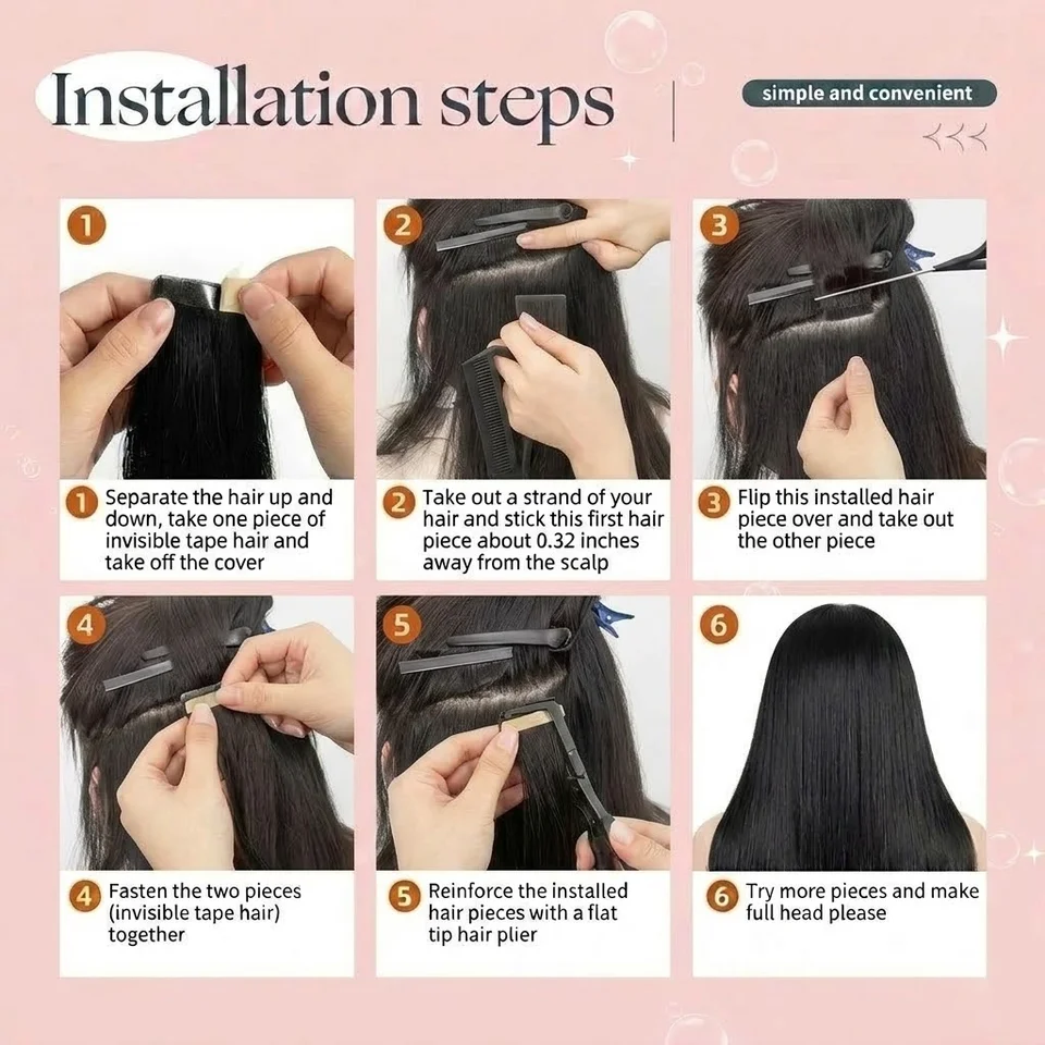Cinta de extensión de cabello humano 100% adhesiva, color negro natural, 21 piezas, sin costuras, reemplazable, para mujeres 8