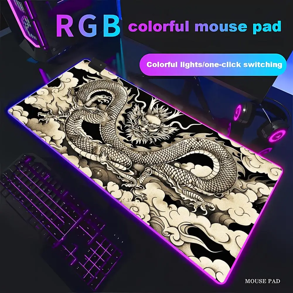 

HYBXAXC Black White Dragon Tattoo Desk Mat Gaming Mouse Pad RGB Gaming Pad HD Large LED Light XXL Computer pad Non-slip Decor