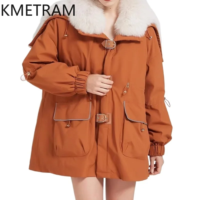 KMETRAM ملابس بطانة من فراء أرنب ريكس الطبيعي للنساء بياقة من فرو الثعلب سترة متوسطة الطول معاطف شتوية دافئة من الفرو لعام 2025