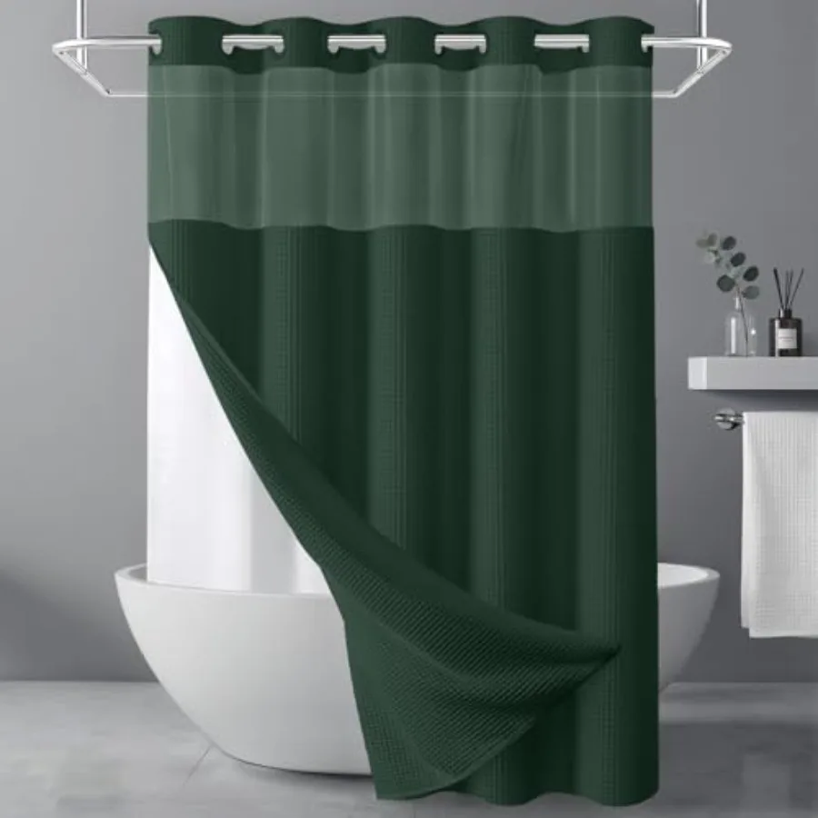 

Cotton No Hook Shower Curtain with Snap in Liner Set Less Time Dark Green Waffle Weave Shower Curtain for Bathroom 75" L x 72"