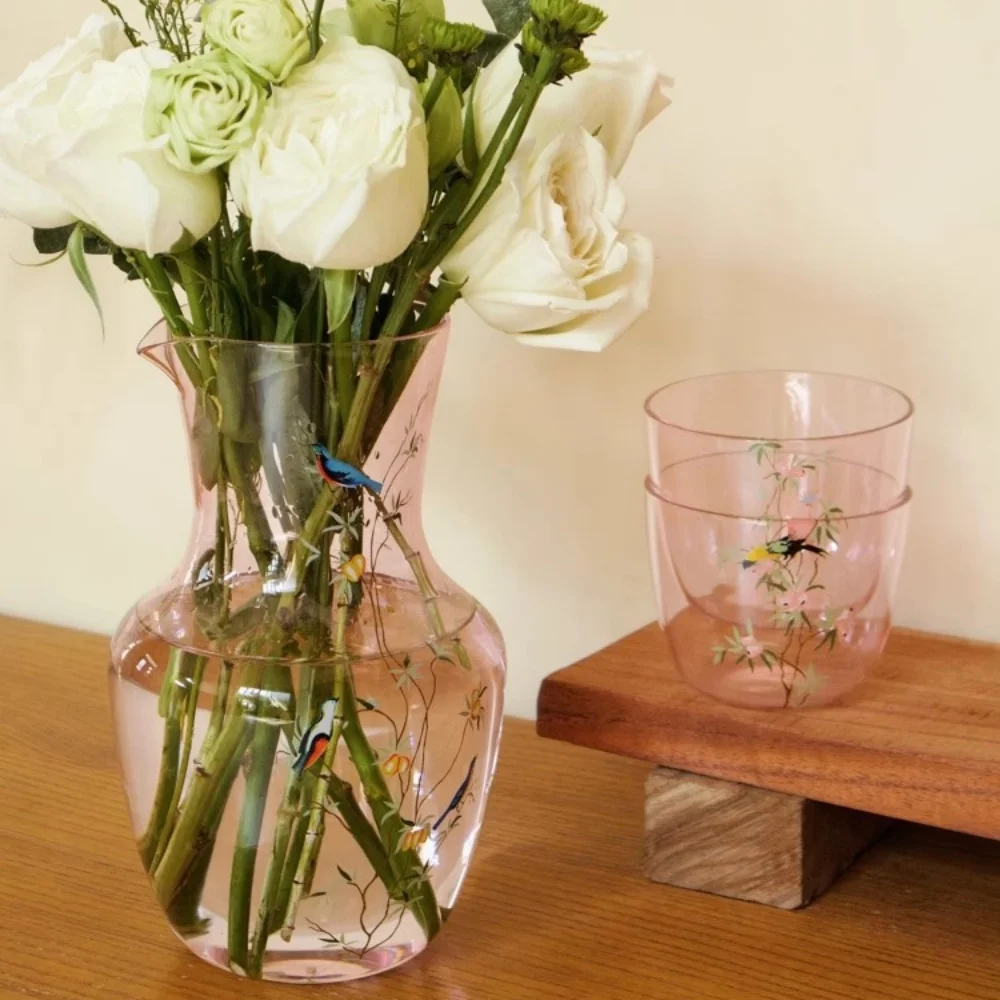 Hand Drawn Kingfisher Glass Water Pitcher Set with 2 Cups Bedside Carafe And Glass Jug for Fridge - Clear Glass