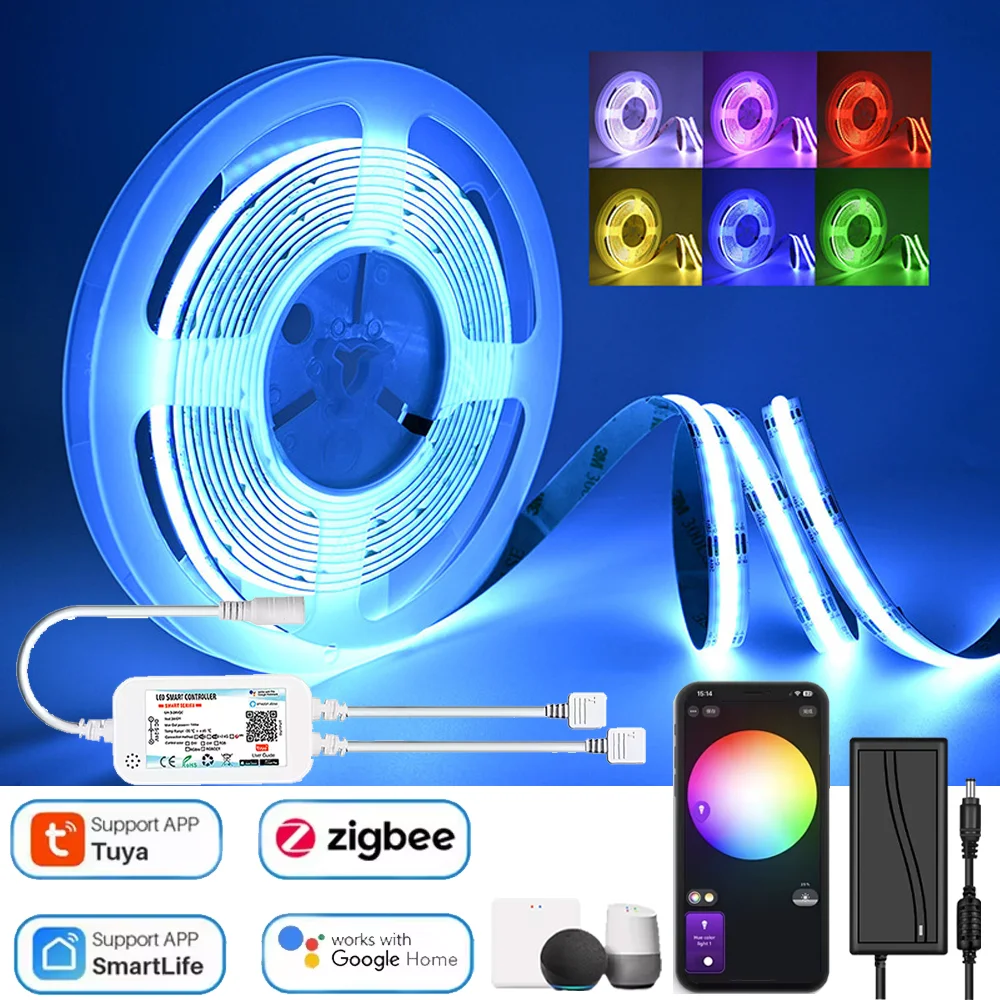 Zigbee Tuya DC24V FCOB RGB LED Strip Light FOB Flexible COB Linear Lights Dimmable Home Decor Tuya Zigbee APP for Alexa Google