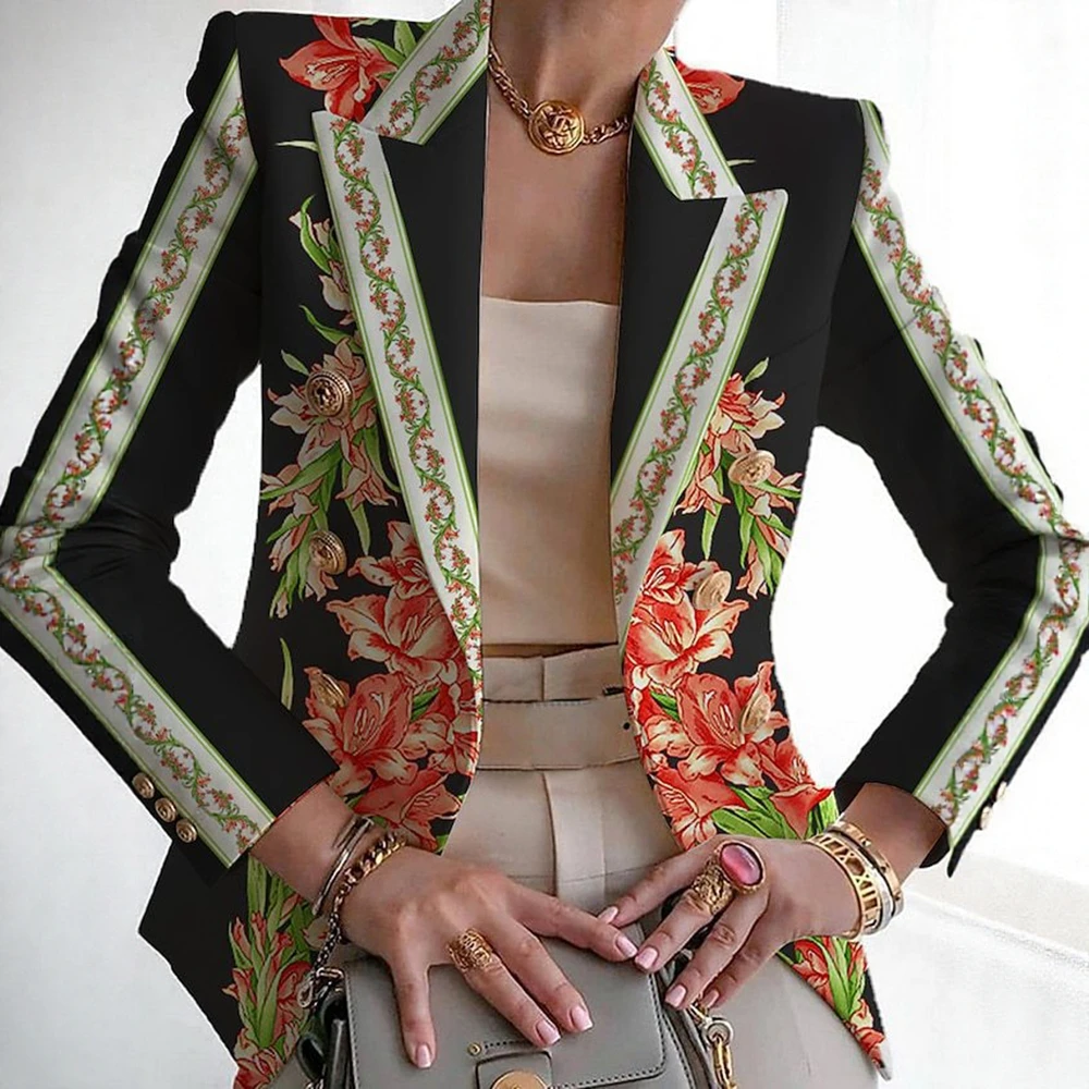 

Женский шикарный пиджак с цветочным принтом, осень-зима, однобортный однобортный пиджак с длинными рукавами и лацканами в уличном стиле для отпуска