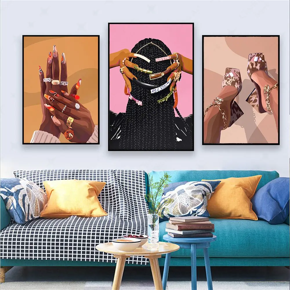 Hip Hop Black Girl Rapper Gold Teeth Diamond Necklace Art Canvas Painting Posters Prints Wall Art Pictures For Living Room Decor