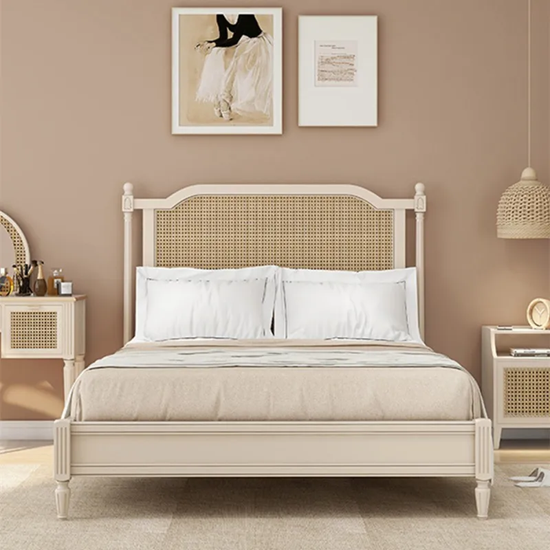 Simple solid wood rattan bed and breakfast ivory white high PC and console game sleeping double rattan art wedding bed