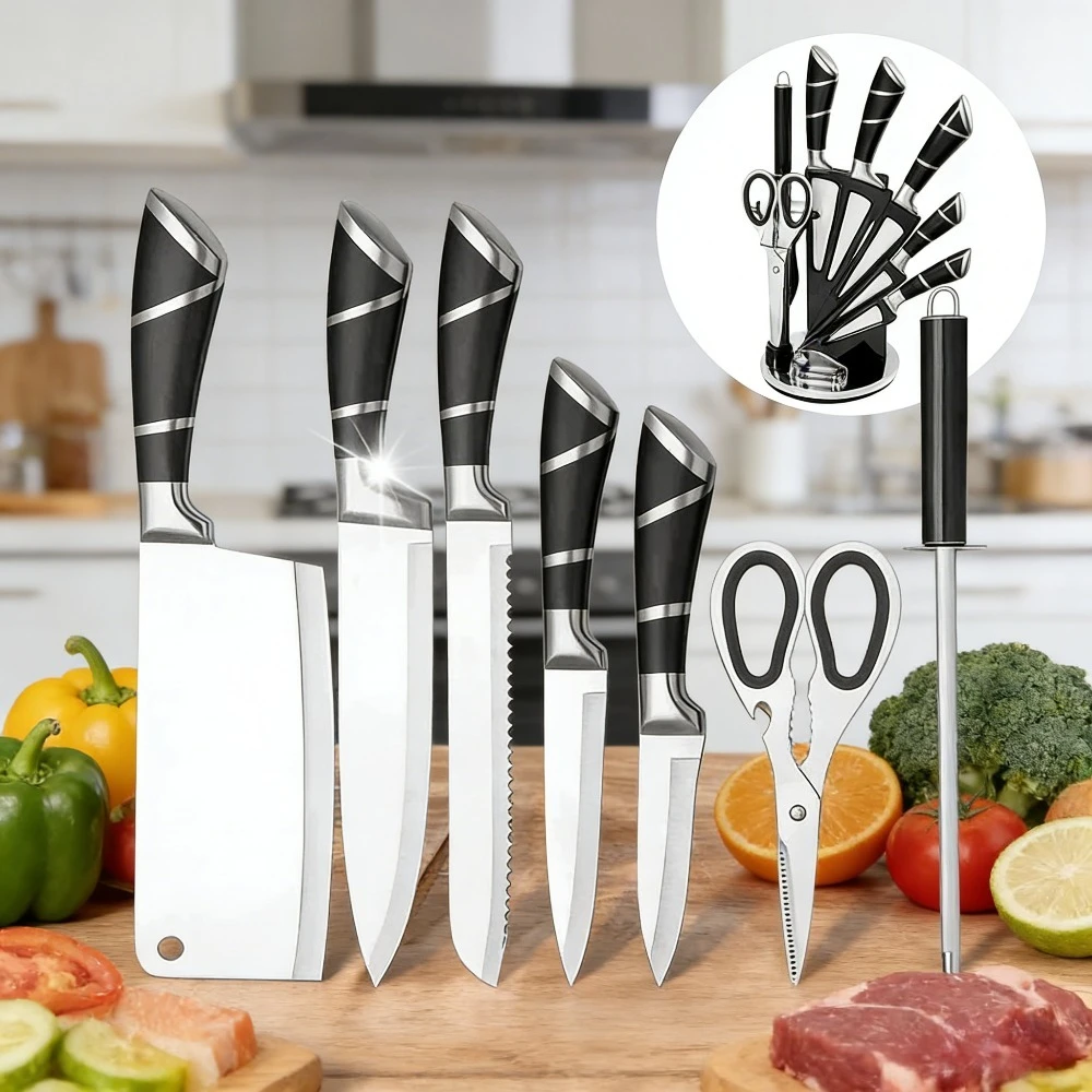 9-teiliges schwarzes Küchenmesser-Set mit Hohlgriff aus rostfreiem Edelstahl, scharfe, langlebige, rostfreie Kochmesser mit Messerblock für Zuhause und als Geschenk