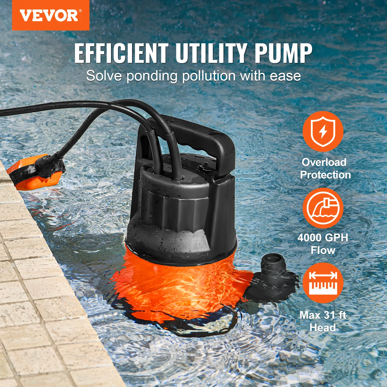 VEVOR Utility Pump 1HP 4000GPH High Flow 31ft Head Sump Pump Submersible Water Pump with 10ft Long Power Cord for Draining Water