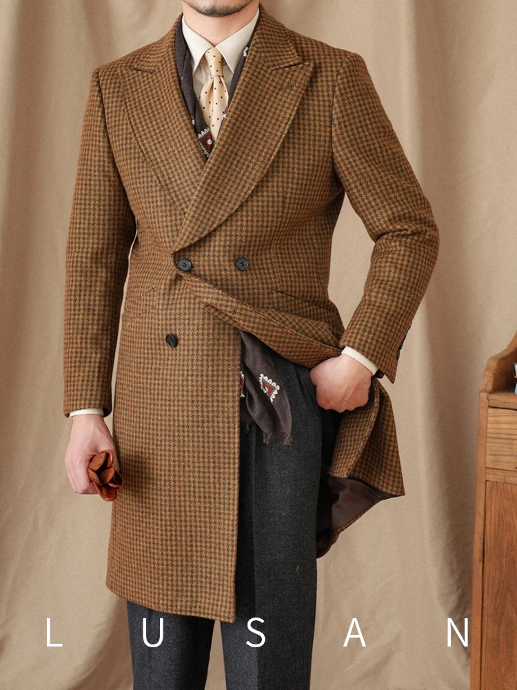 Mr. Lu San British business retro plaid double-breasted long coat 80% wool Italian trendy men