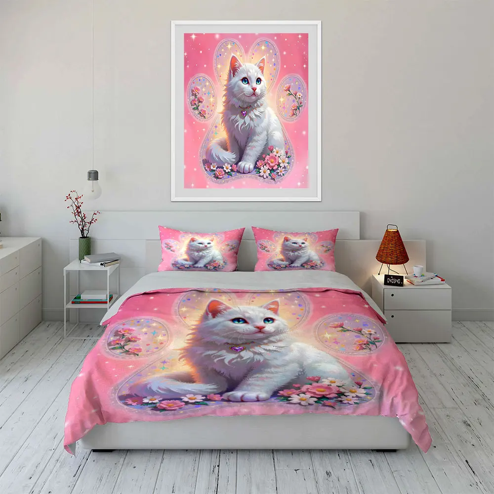 White cat with dreamy pink background Print Soft Comfortable Duvet Cover Bedding Set Included 1*Duvet Cover  2*Pillowcases