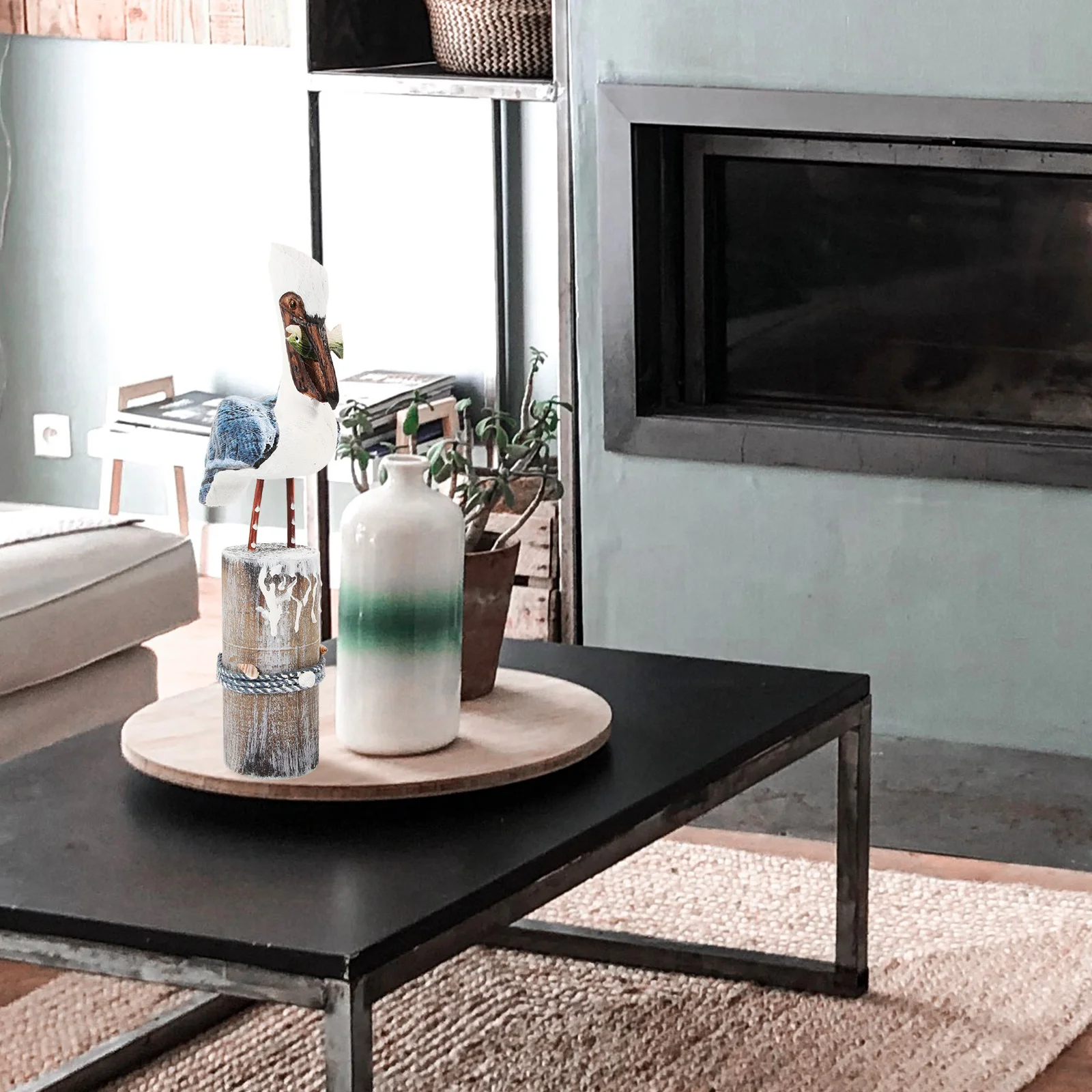 

Vintage Blue Sea Statue Wooden Bird On Stump Desktop Decoration Home Office Table Ornament Nautical Bird Sculpture