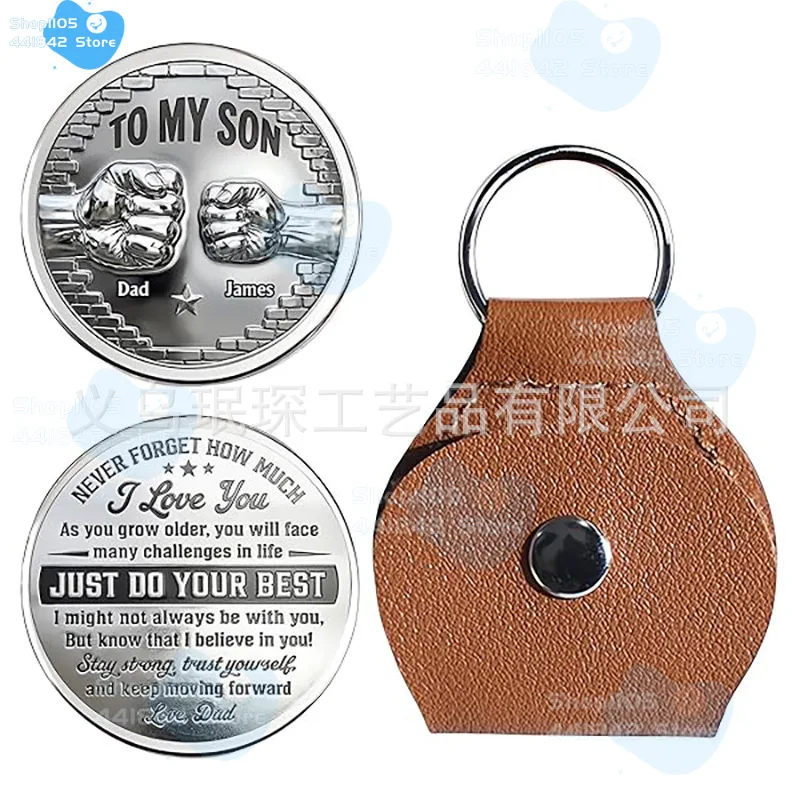 

New To My Son Pocket Hug Coin Keychain Leather Case Inspirational Keepsake Gift Dad To Son