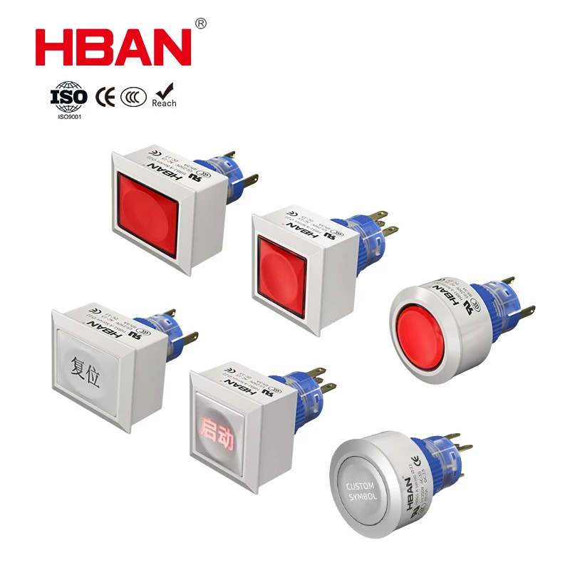 High Performance ABS Push Button Switch 22mm Dot Illuminated 1NO1NC Flat Head IP40 5A 250V Pin Terminal Custom Symbol Service