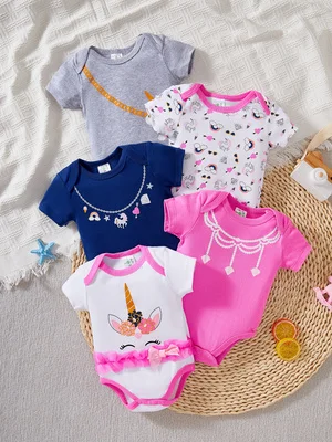 Five Pure Cotton Unicorn-Themed Newborn Baby Girl Onesies