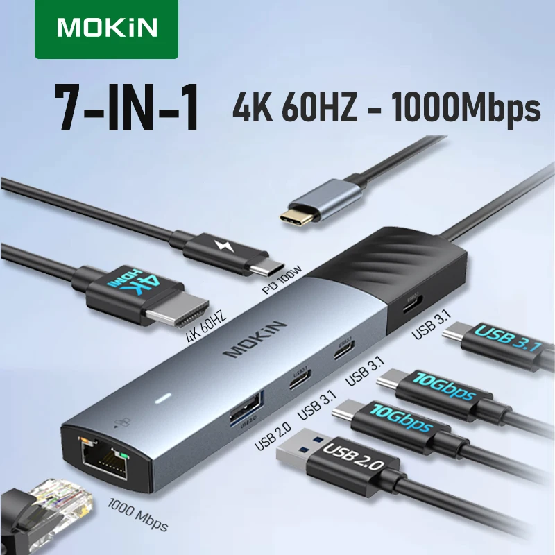 

MOKiN 7 в 1 USB-C Hub на 4K60 Гц HDMI, 3 USB3.1 10 Гбит/с, RJ45, PD 100 Вт адаптер-концентратор, для ноутбука MacBook Pro/Air HP