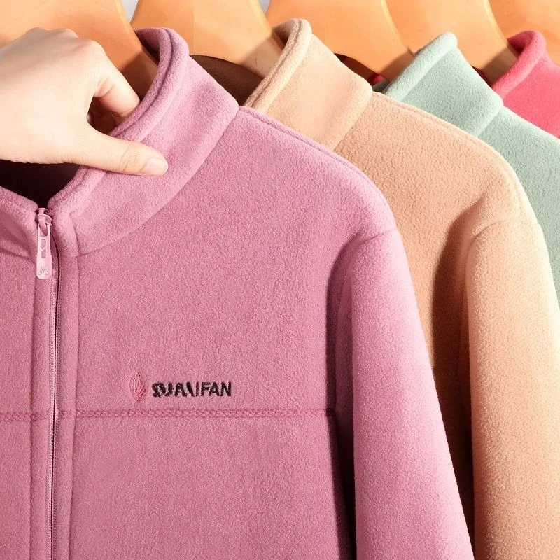 Women Thickened Fleece Winter Jacket Embroidery Zipper Thermal Plush Polar Fleece High Collar Cardigan Coats Outdoor Sweatshirt