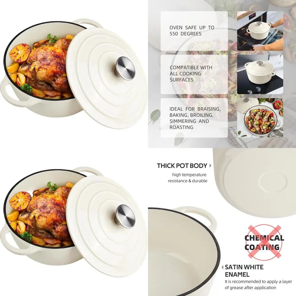 

6-Quart Enameled Cast Iron Dutch Oven with Lid - Dual Handles - Oven Safe up to 500°F - Round Pot for Cooking (Cream, 6 QT)
