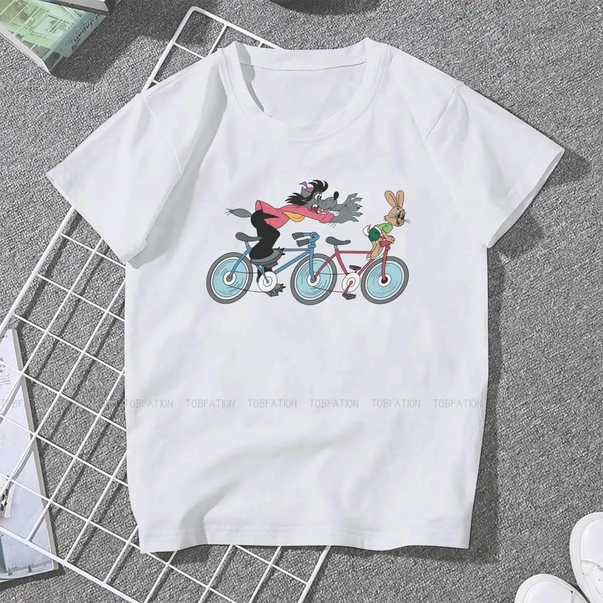 On a Bike Female Shirts Nu Pogodi Wolf Hare Russian Cartoon Vintage Women Tshirts Harajuku Casual Feminine Blusas