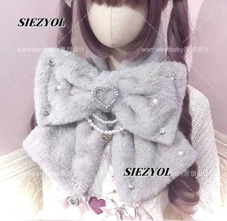 Original Japanese Mine Series Mass-produced Lolita Pearl Rhinestone Plush Scarf Imitation Rabbit Fur Bow Warm Scarf Scarves