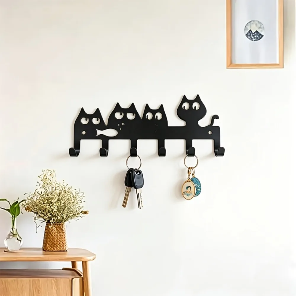 CIFBUY Wrought Iron Cat Wall Rack 6 Hooks Key Holder Fish Cutout Towel Coat Storage Decor Easy Install