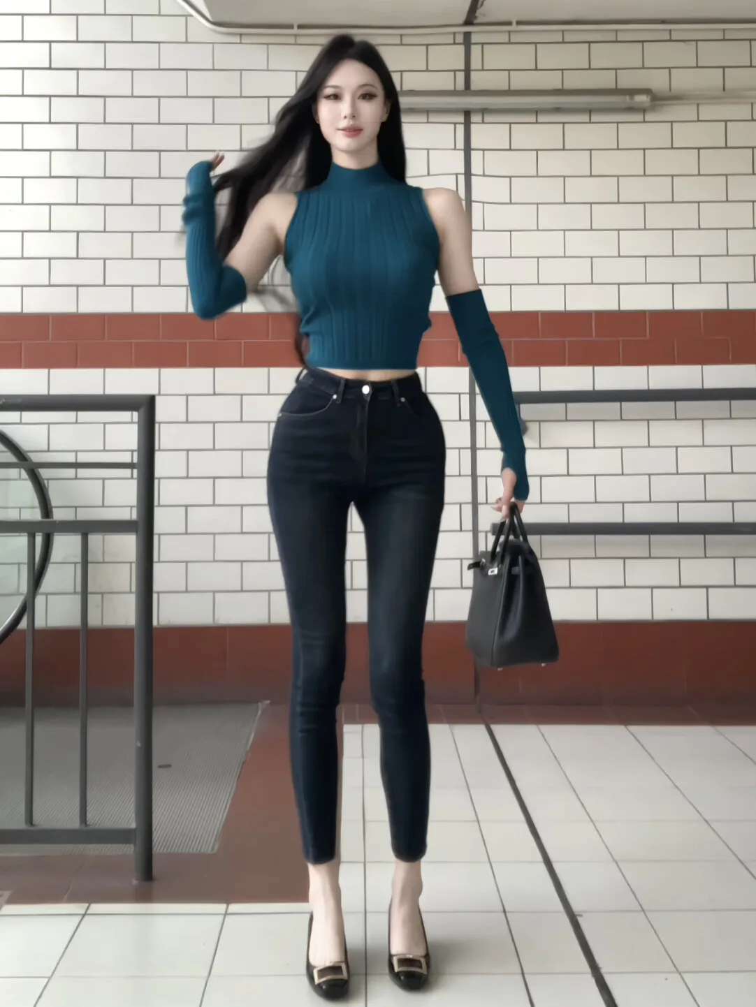 

Classic Deep Blue Women's Skinny Jeans Pencil Jeans High Waist mid Stretch Four Seasons Pure Desire Waed Denim Pants