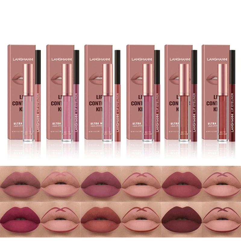 2pcs Women Lip Gloss Matte Lip Liner Lipstick Nonstick Cup Long Lasting Dropship