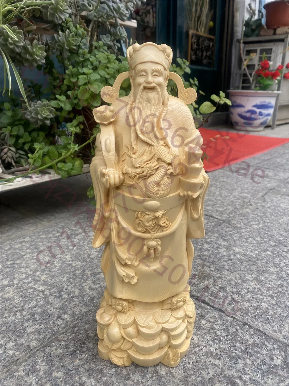 Large Hand Carved Juniper Wood Wealth God Statue Cai Shen Figurine Ornament Prosperity Fortune Feng Shui Home Office Business