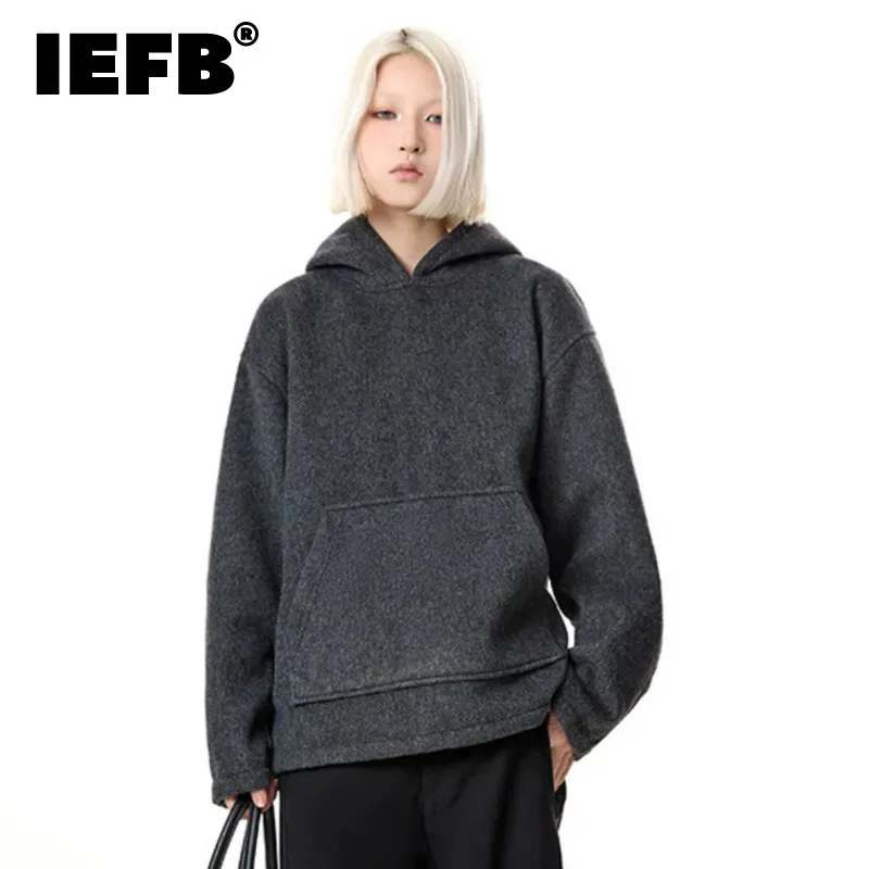 IEFB Hooded Double Size Woolen Men's Sweatshirt Pullover Pocket Solid Color Niche Design Male Warm Jacket 2024 Autumn 9C9106