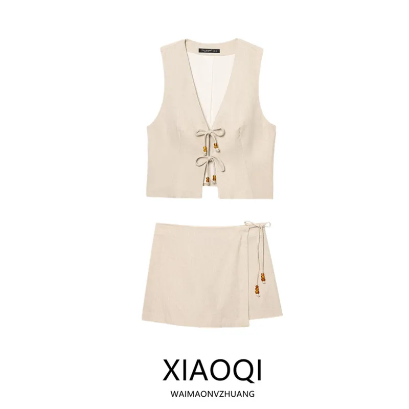 Summer 2025 New Women's Fashion Set Mixed Linen Vest Short Pants Beaded Decoration 3431998 Short Sleeve Casual Outfit
