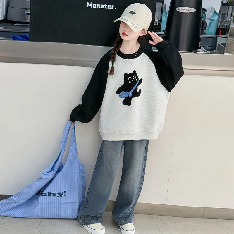 Girls Sweatshirt Autumn Cute Black Cat Raglan Sleeve Casual Kids Tops