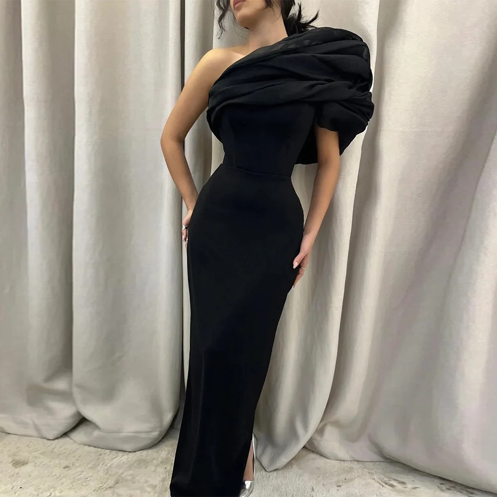 

Retro Special Occasion Dresses Jersey&Net Sheath/Column 2024 Evening Dress Black One-shoulder Pleat Clubbing Gown Maxi