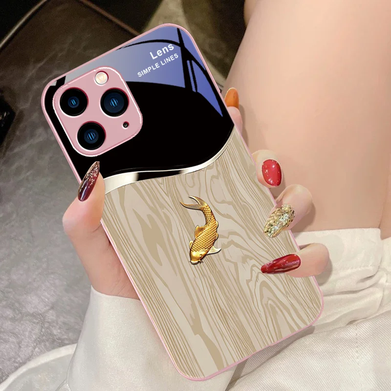 Wood Grain Fish Leap To The Sky For IPhone 15 Pro 14 13 12 Mini 11 XS Max XR 7 8 Plu SE 2020 2022 Tempered Glass Phone Case