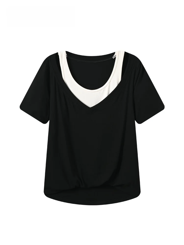 

plus Size Women's Short Sleeve T-Shirt Summer New Style Splicing Casual Anti-Aging Fashion Shoulder Top Comfortable Inner Wear