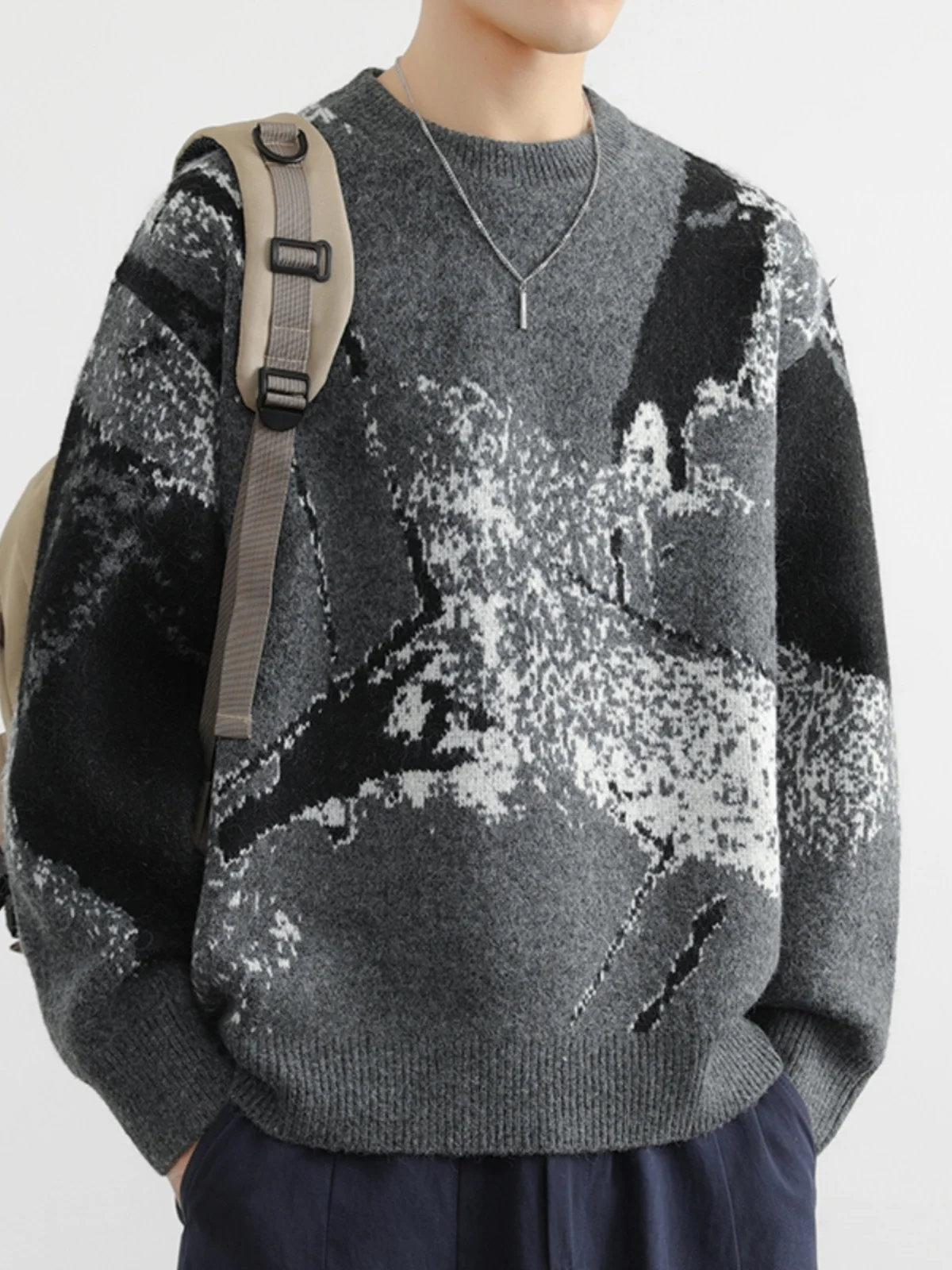 2025 Autumn Winter New Men's White Casual Pullover Sweater High-end Design Dark Gray Round Neck Long Sleeve Knitted Sweater