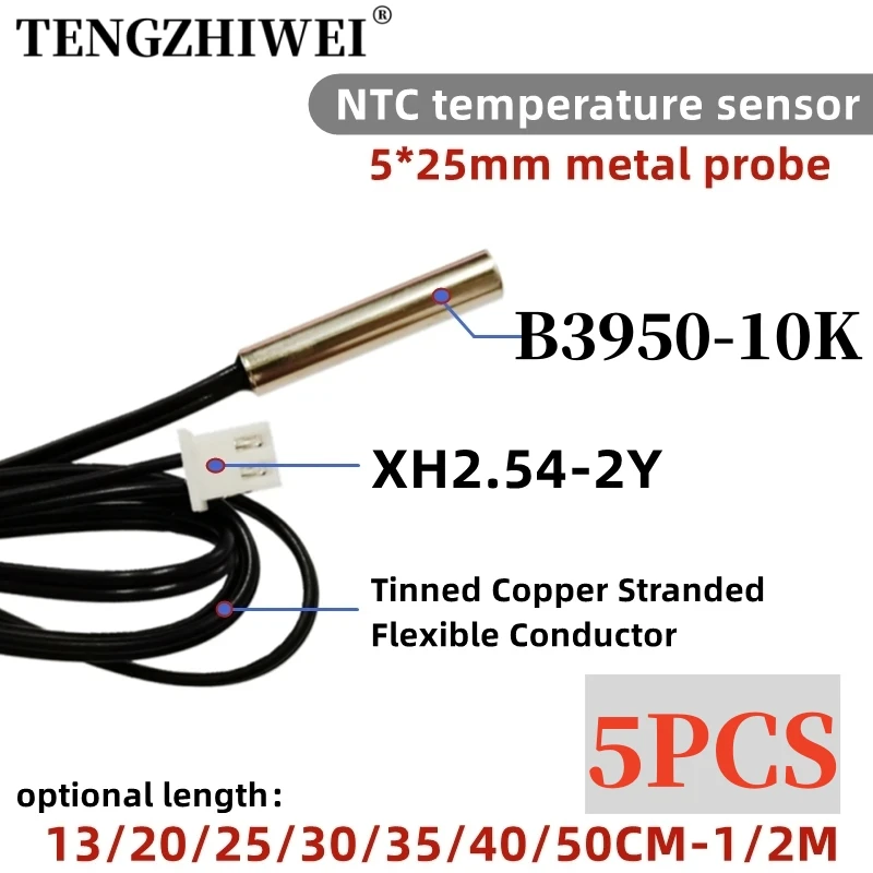 5PCS NTC Thermistor Temperature Sensor B3950 10K 1% Waterproof Probe Air Conditioning Probe 13/20/25/30/35/40/50CM 1M 2M