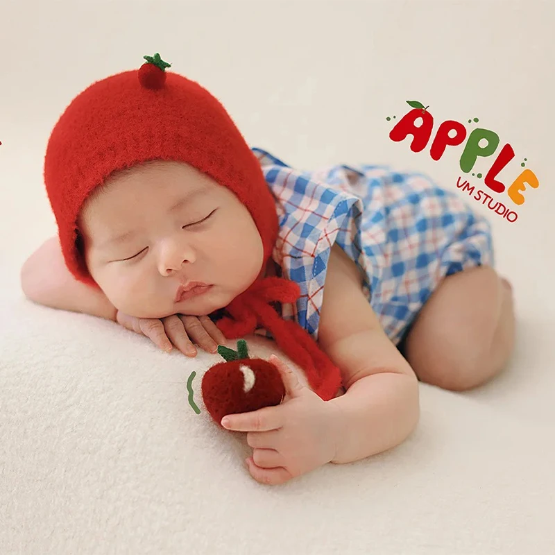 과일 테마 신생아 사진 의상 아기 패션 체크 무늬 점프 슈트 Apple Posing Dolls 0-1 개월 유아 출생 사진 촬영