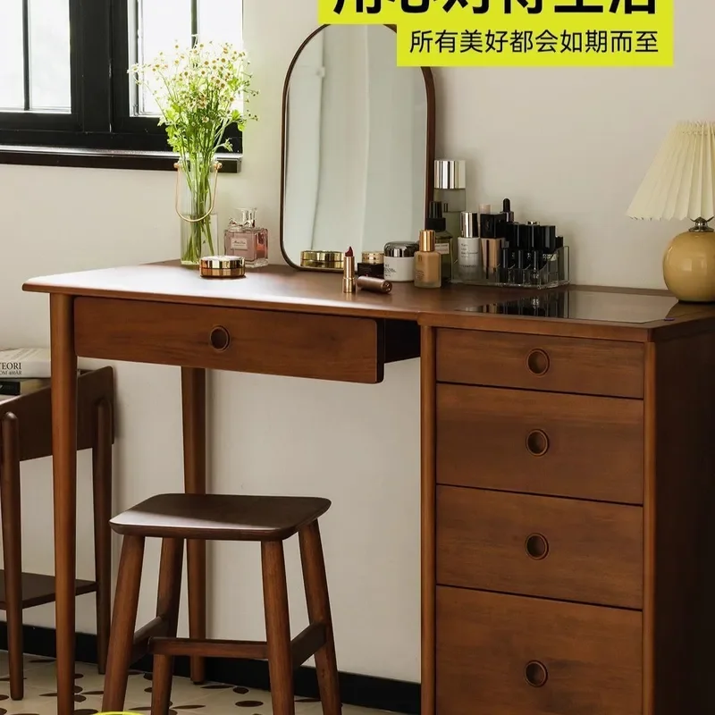 Nordic Retro Solid Wood Dressing Table Japanese Style Small Apartment Desk Storage Cabinet Integrated Vanity Makeup Table