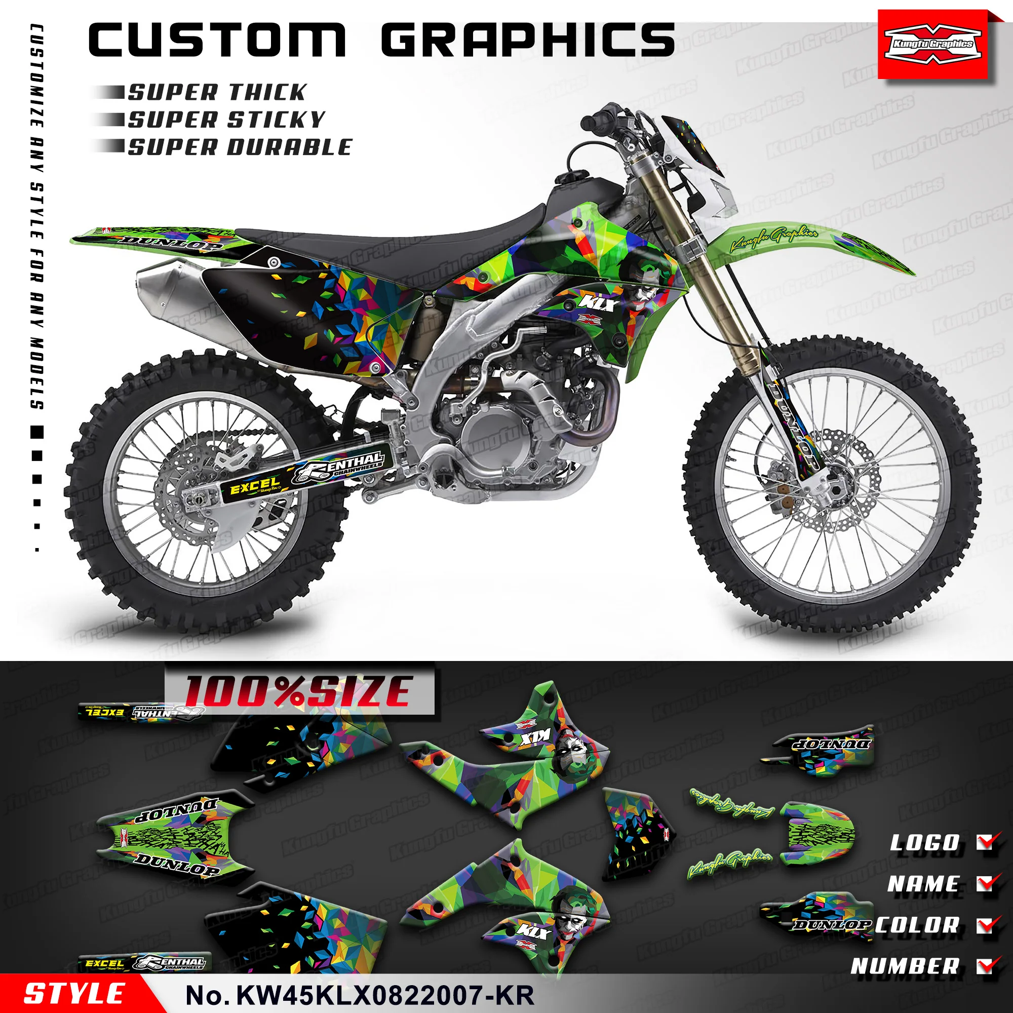 

KUNGFU GRAPHICS Motorcycle Stickers Vinyl Graphics for Kawasaki KLX450R 2008-2024, KW45KLX0822007-KR