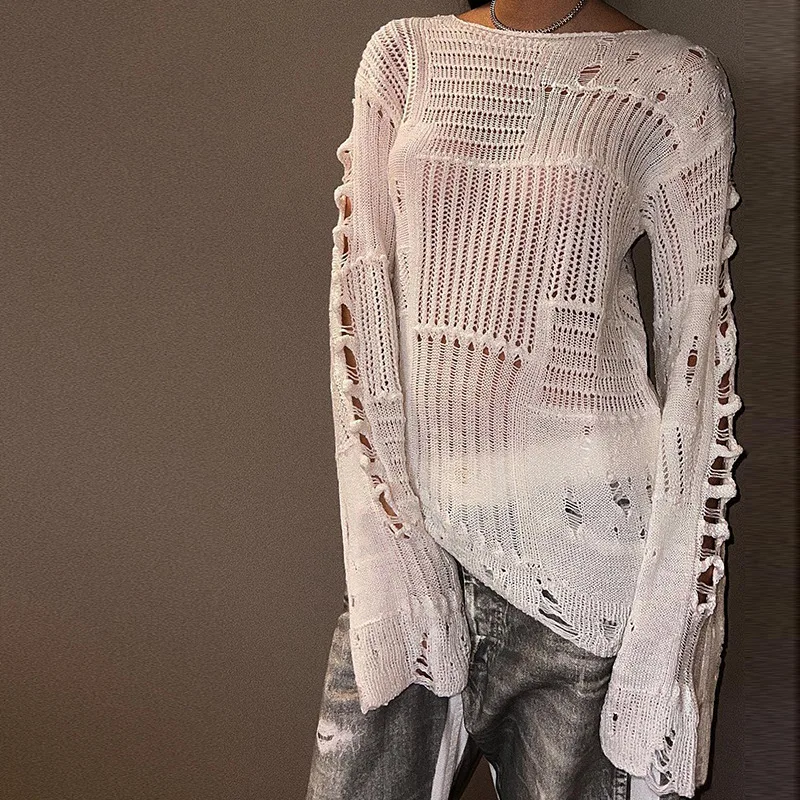 

2025 Women's Knitted Oversized Sweater Long Sleeve Harajuku Jumper Sueter Mujer Hollow Out Knitted Pullovers Y2k Tops Long Cover