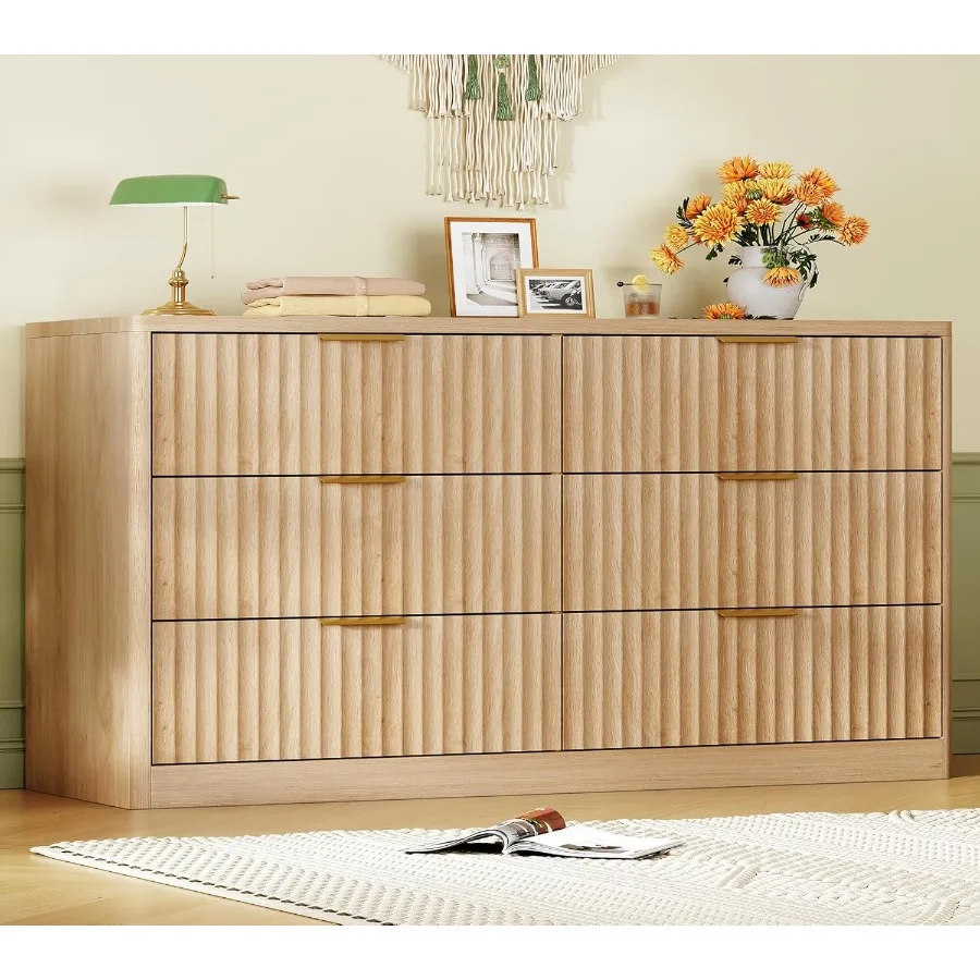 Fluted 6 Drawer Dresser for Bedroom Wide Modern Chest of Drawers with Metal Handle Curved Profile Design Wood Closet Clothes St