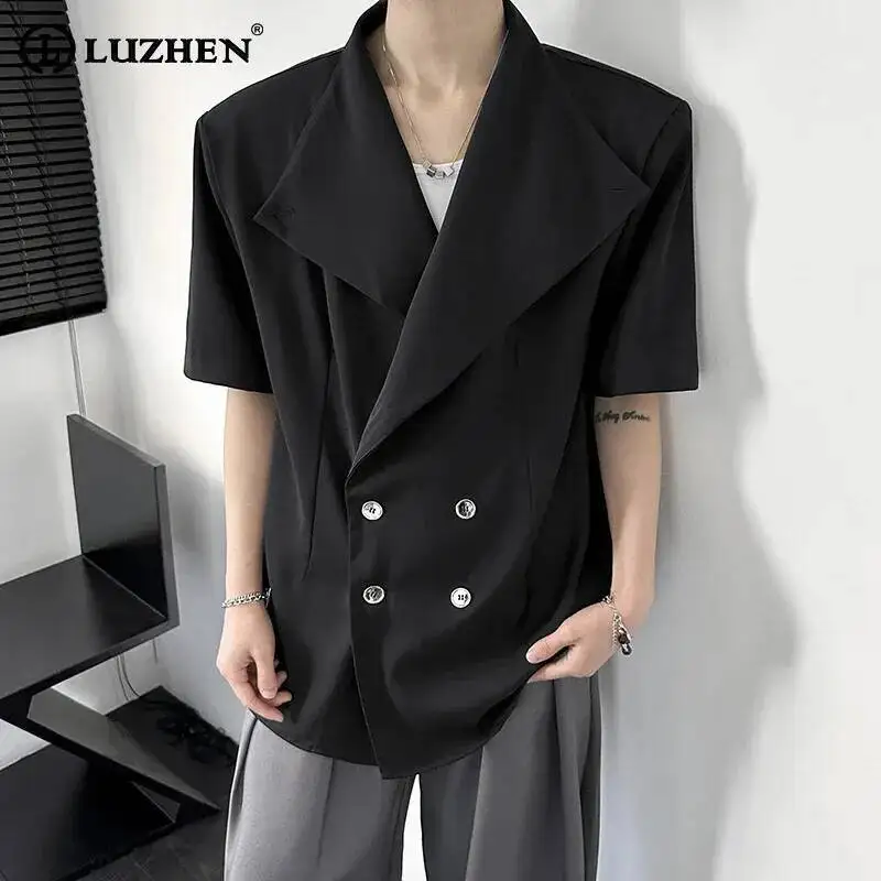 

LUZHEN 2026 Summer New Solid Color Double Breasted Short Sleeve Shirts Men's Elegant Temperament Shoulder Pad Casual Tops JY6861