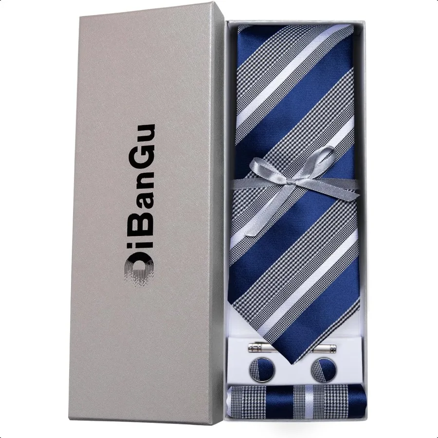 DiBanGu Mens Striped Tie Silk Woven Necktie and Pocket Square Cufflinks Tie Clip Set Wedding Business Formal Gift Tie for Men
