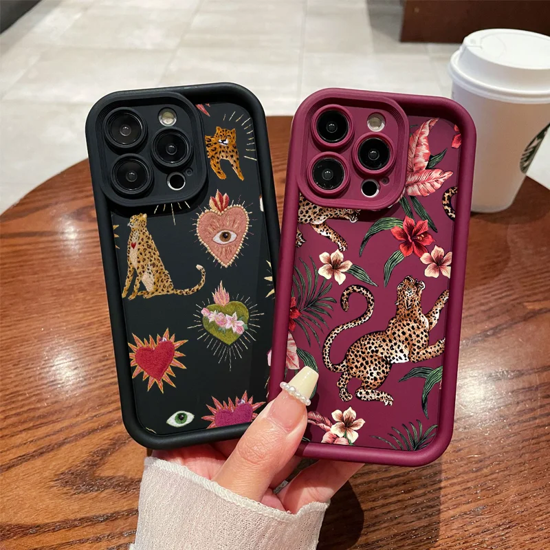 For IPhone 16 Pro Case Floral Leopard Eyes Silicone Phone Case for Iphone 11 12 13 14 15 Pro Max XS X XR 7 8 Plus SE 2022 Covers
