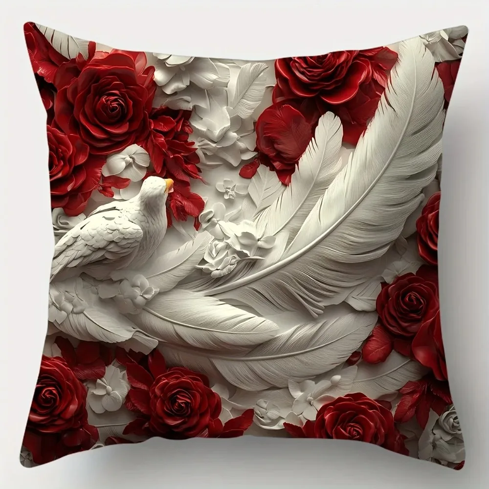 1 Stück Luxuriöse Rosen-Feder Kissenbezüge Set Doppelseitig 2D-Druck Langlebige Weiche Kissenbezüge für Couch Bett Wohnheim Glamouröse Atmosphäre Deko Geschenk
