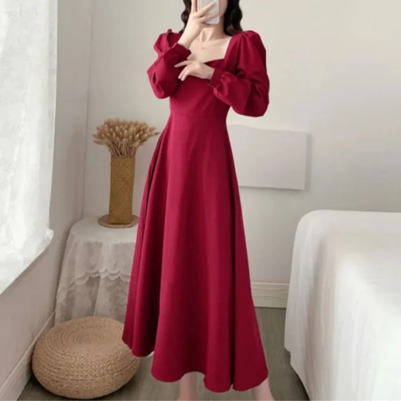 Red Vintage Long Sleeve Dress Women Party Elegant Ankle-length Female Square Collar Simple Korean Casual Streetwear Slim Style