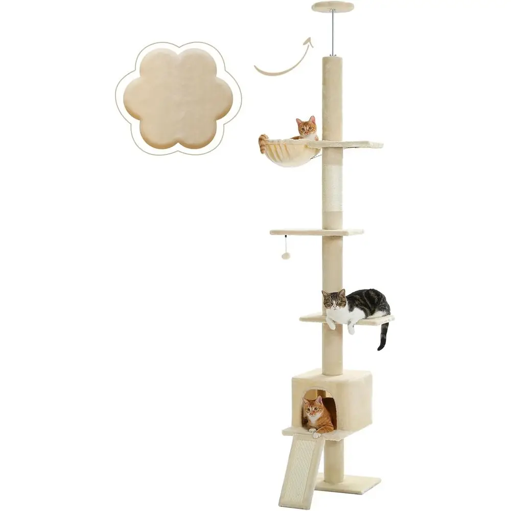 PETEPELA loor to Ceiling Cat Tree, Cat Tower 5 Tiers Tall (83-108 Inches) Adjustable Height, Cat ClimTree eaturing with Condo, S