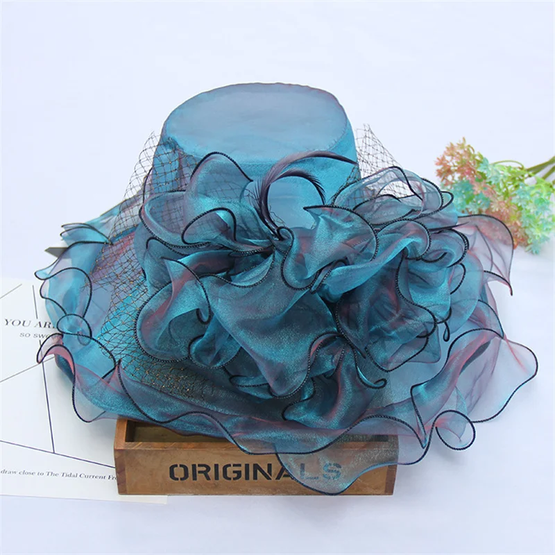 Big Organza Flower Sun Hats for Women, Beach Holiday Wide Brim Tea Party Hat Elegant Ladies Church Kentucky Derby Headwear