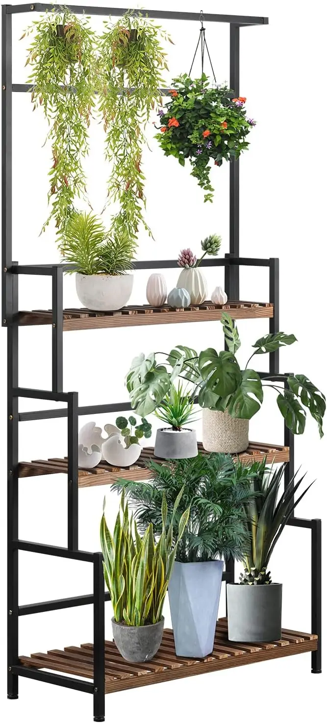 

3 Tier Indoor Plant Stand, Tall Plant Stand Outdoor Ladder Wood Plant Shelf with Metal Frame, For Terrace Garden Balcony Courtya