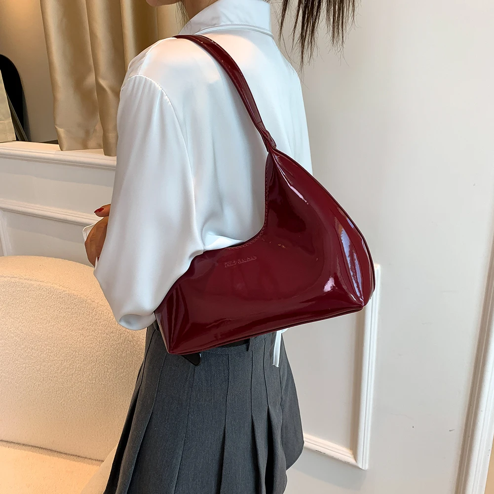 

Fashion Shoulder Bag For Women Wine Red Patent Leather Tote Bag Versatile Casual Satchel Hobo Bag Underarm Bag Girl Dating Purse