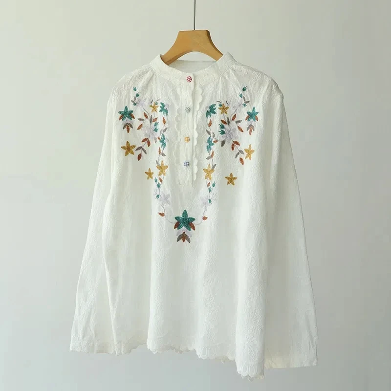 Fall clothes 2024 women bohemian design long sleeve stand collar white beige embroider shirts and blouses boho clothing